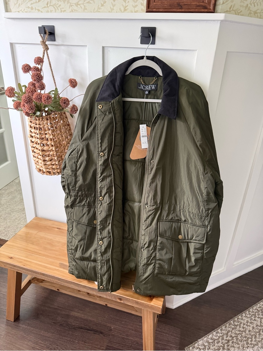J. Crew Olive Green Puffer Coat with Black Collar